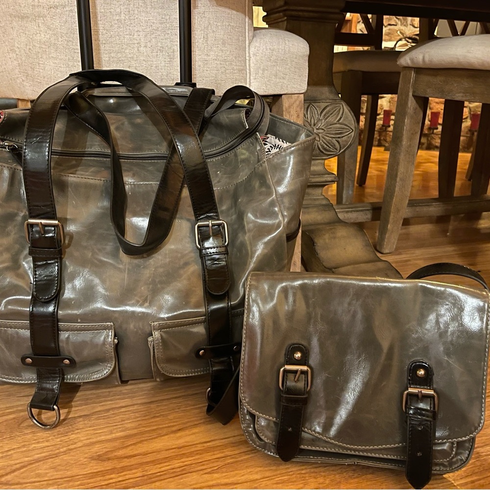 Two piece SHIRALEAH vegan leather Gray Travel or Business roller bag and purse